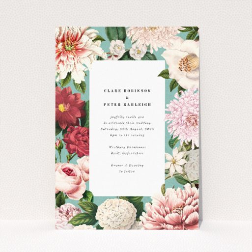 Blue Blossom wedding invitation with detailed botanical illustrations in shades of deep red, soft pink, and lush green against a serene blue backdrop, perfect for couples seeking classic floral beauty with modern design sensibilities This is a view of the front