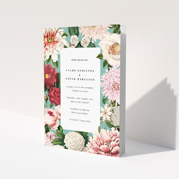 'Blue Blossom wedding order of service booklet featuring richly detailed botanical illustrations in shades of pink, red, and white against a serene blue backdrop, ideal for couples seeking floral splendour for their wedding ceremony.'. This is a view of the front