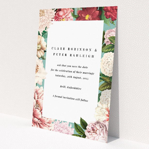 Blue Blossom Wedding Save the Date Card - Elegant watercolour floral design in pinks, blues, and whites framing a central white panel. Landscape orientation for spacious and harmonious layout This is a view of the front