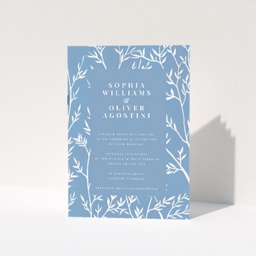 Blue Botanical Elegance A5 Wedding Order of Service booklet - Artful marriage of natural motifs and classic style, with soothing blue hue and delicate white botanical illustrations, elegantly guiding guests through the wedding service This is a view of the front