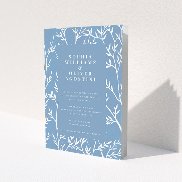 Blue Botanical Elegance A5 Wedding Order of Service booklet - Artful marriage of natural motifs and classic style, with soothing blue hue and delicate white botanical illustrations, elegantly guiding guests through the wedding service This is a view of the front