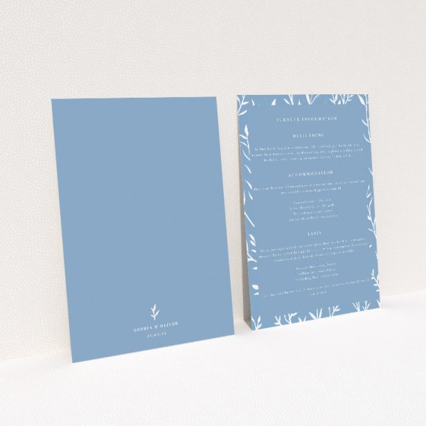 Blue Botanical Elegance wedding information insert card with serene blue backdrop and delicate botanical prints, evoking the beauty of nature. This image shows the front and back sides together