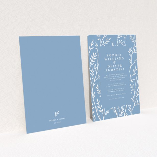 Blue Botanical Elegance wedding invitation - A5 portrait, serene blue tone with delicate botanical print. This image shows the front and back sides together