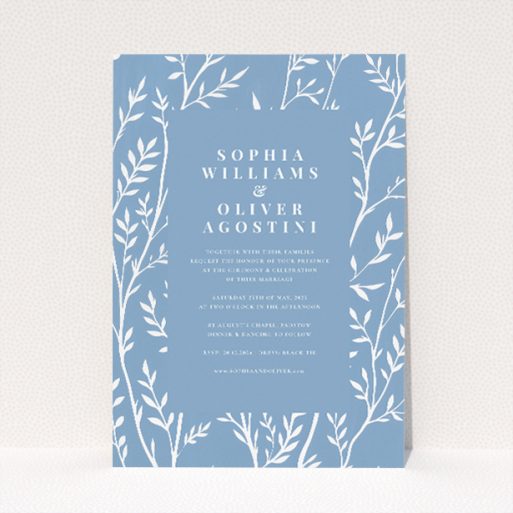 Blue Botanical Elegance wedding invitation - A5 portrait, serene blue tone with delicate botanical print. This is a view of the front