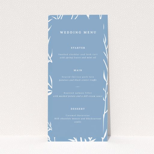Blue Botanical Elegance wedding menu design with delicate botanical prints and clean typography, perfect for couples seeking a classic yet nature-inspired aesthetic for their special day This is a view of the front
