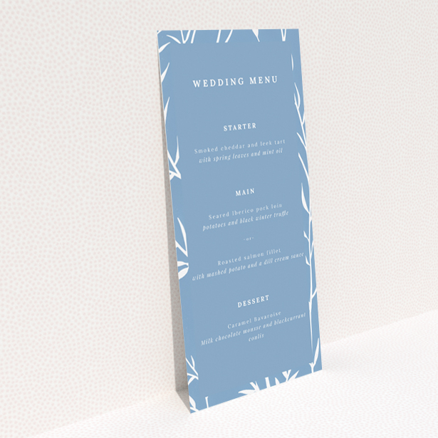 Blue Botanical Elegance wedding menu design with delicate botanical prints and clean typography, perfect for couples seeking a classic yet nature-inspired aesthetic for their special day This is a view of the back