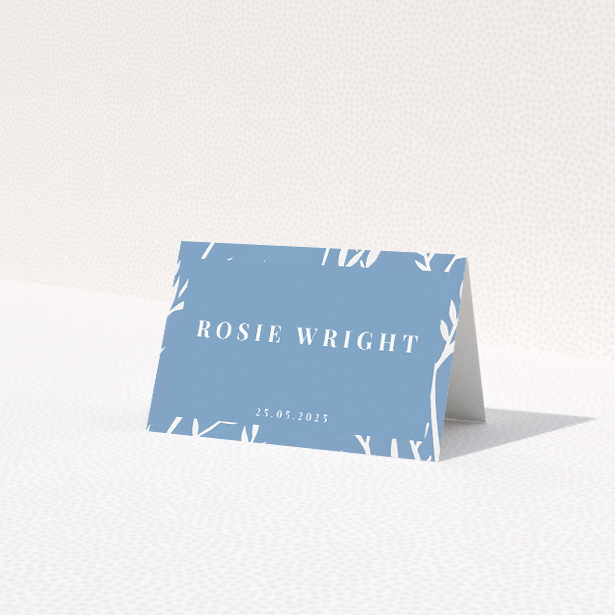 Wedding place cards featuring blue botanical elegance design. This is a third view of the front