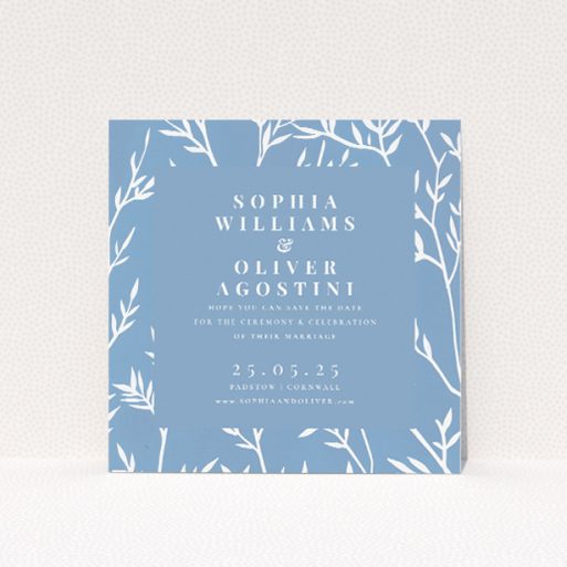 Blue Botanical Elegance Wedding Save the Date Card Template - Serene Blue Design with Botanical Illustrations. This is a view of the front