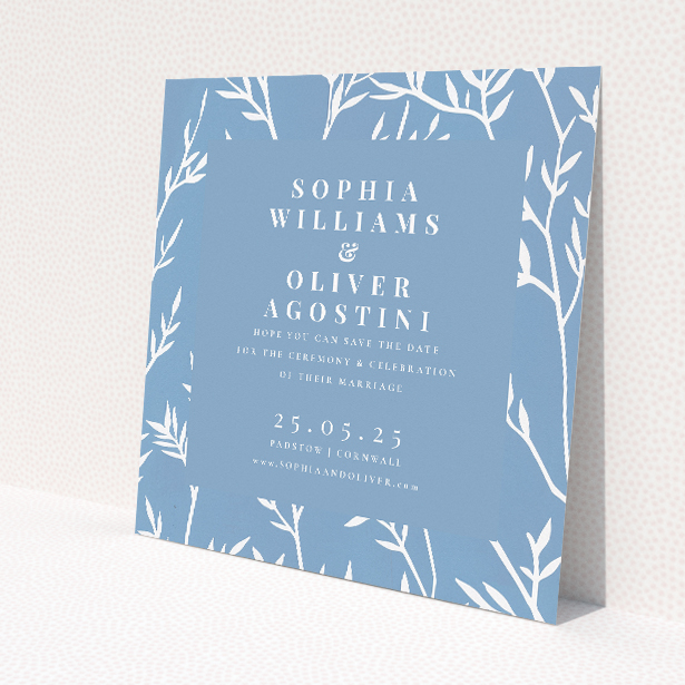 Blue Botanical Elegance Wedding Save the Date Card Template - Serene Blue Design with Botanical Illustrations. This is a view of the front