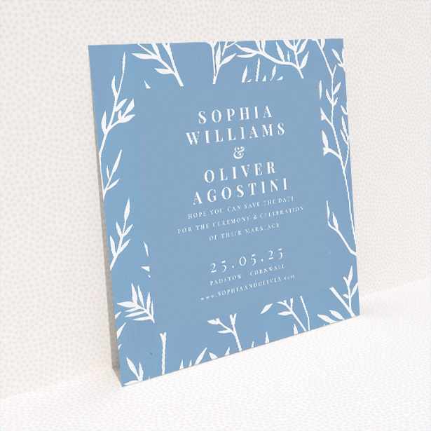Blue Botanical Elegance Wedding Save the Date Card Template - Serene Blue Design with Botanical Illustrations. This image shows the front and back sides together
