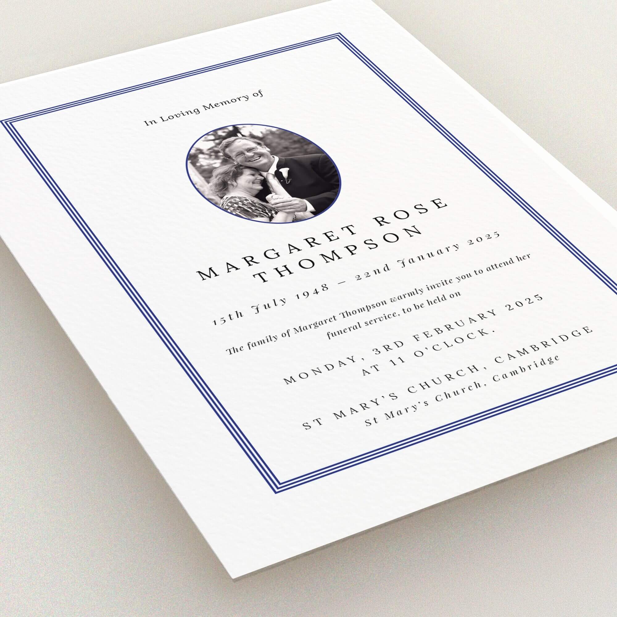 Elegant funeral announcement design with one photo, featuring classic typographic elements and a refined border.
