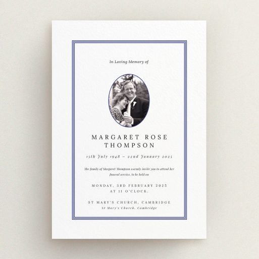 Elegant funeral announcement design with one photo, featuring classic typographic elements and a refined border.