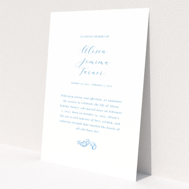 Funeral announcement design with elegant typography and floral accent at the bottom