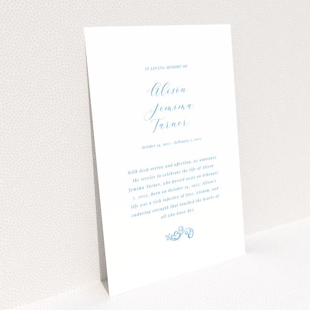 Funeral announcement card reverse side with service and wake details design Portrait