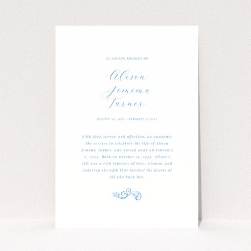 Funeral announcement design with elegant typography and floral accent at the bottom