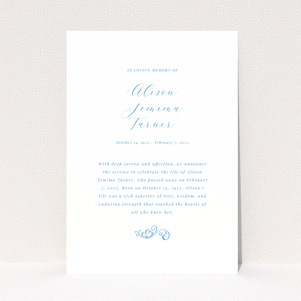 Funeral announcement design with elegant typography and floral accent at the bottom