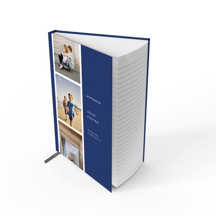 Portrait-oriented customisable notebook cover design with two photos, featuring a blue pattern.