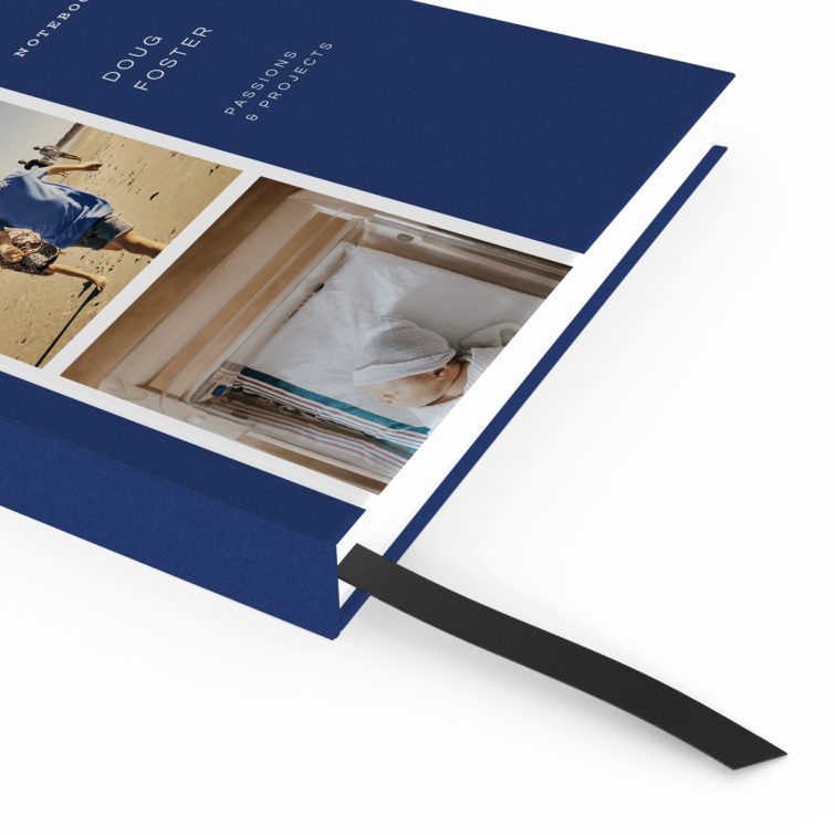 Portrait-oriented customisable notebook cover design with two photos, featuring a blue pattern.