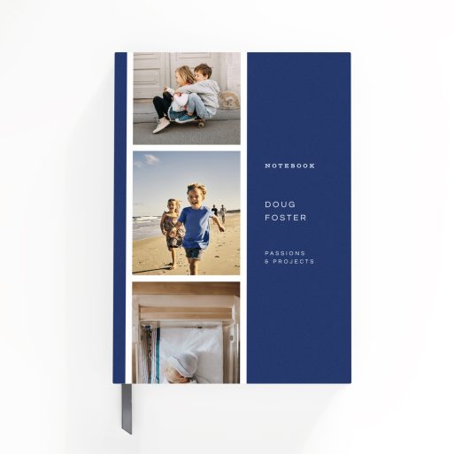 Portrait-oriented customisable notebook cover design with two photos, featuring a blue pattern.