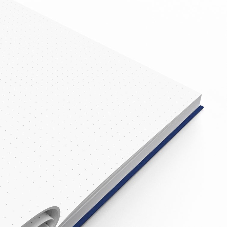 Portrait-oriented customisable notebook cover design with two photos, featuring a blue pattern.