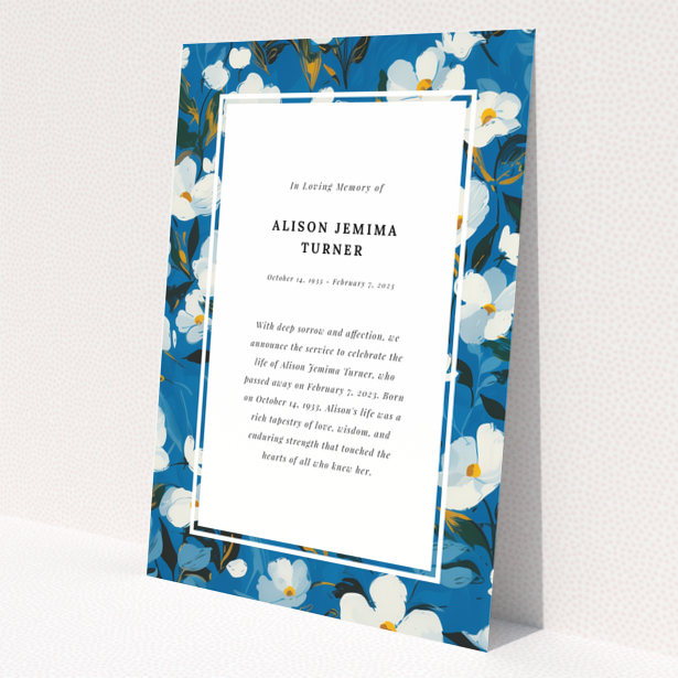 Funeral announcement card with blue floral border design. No photos present.