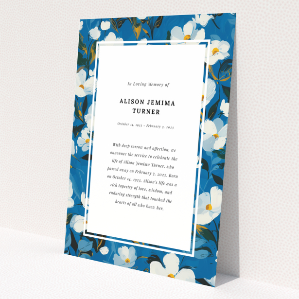 Funeral announcement card with blue floral border design. No photos present.