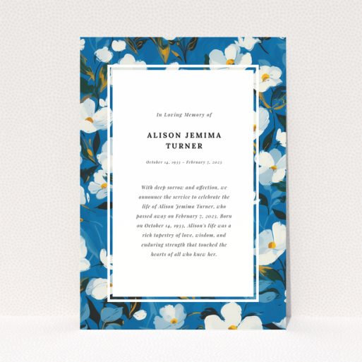 Funeral announcement card with blue floral border design. No photos present.