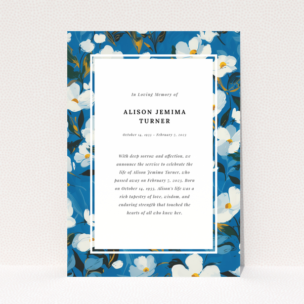 Funeral announcement card with blue floral border design. No photos present.