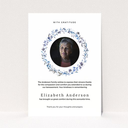 Funeral thank you card with floral wreath and photo of deceased