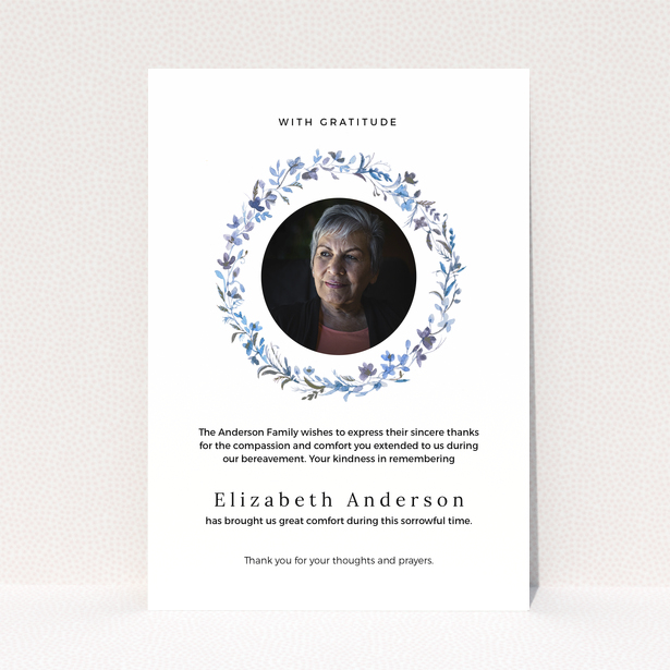 Funeral thank you card with floral wreath and photo of deceased