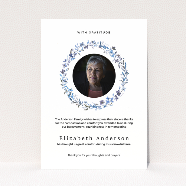 Funeral thank you card with floral wreath and photo of deceased