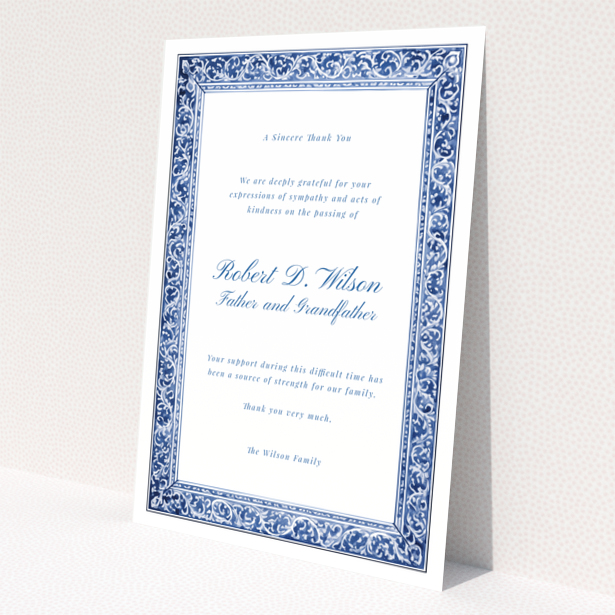 Blue and white floral border funeral thank you card with no photos