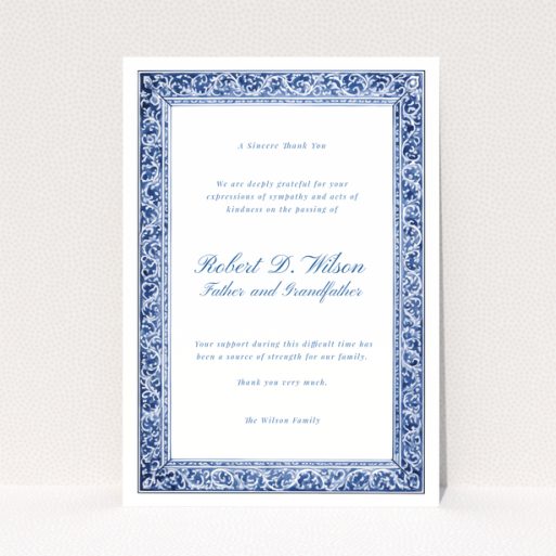 Blue and white floral border funeral thank you card with no photos