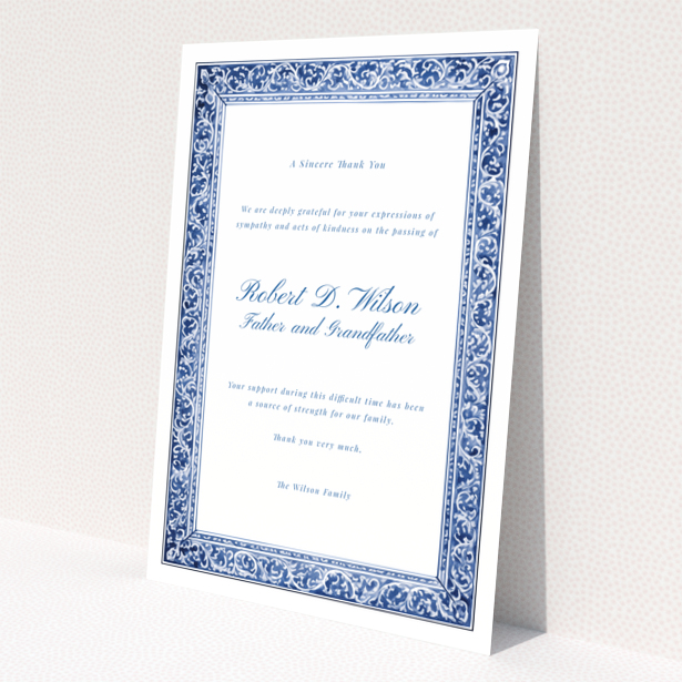 Blue and white floral border funeral thank you card with no photos