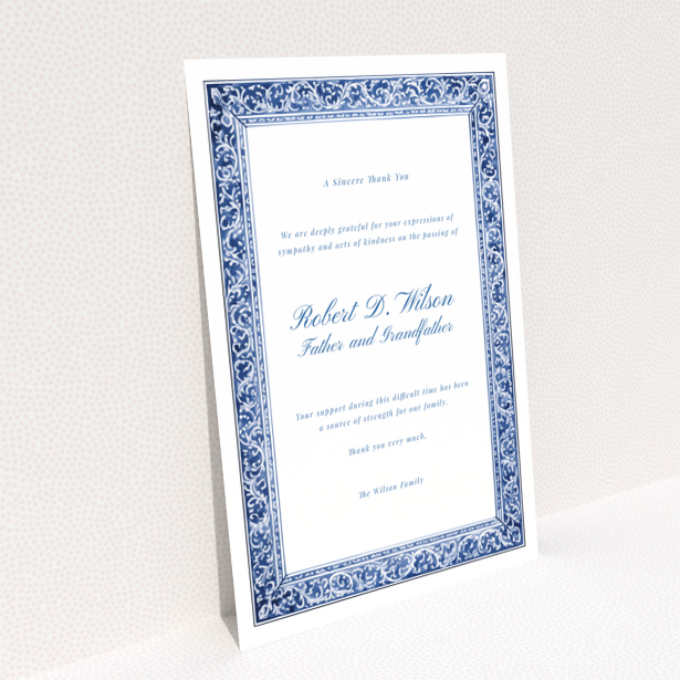 Blue and white floral border funeral thank you card with no photos