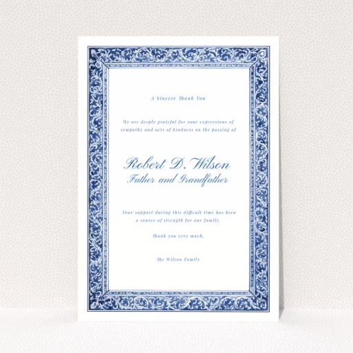 Blue and white floral border funeral thank you card with no photos