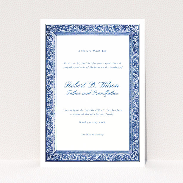 Blue and white floral border funeral thank you card with no photos