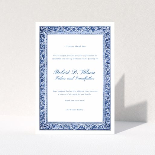 Blue and white floral border funeral thank you card with no photos