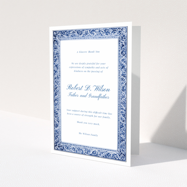 Blue and white floral border funeral thank you card with no photos