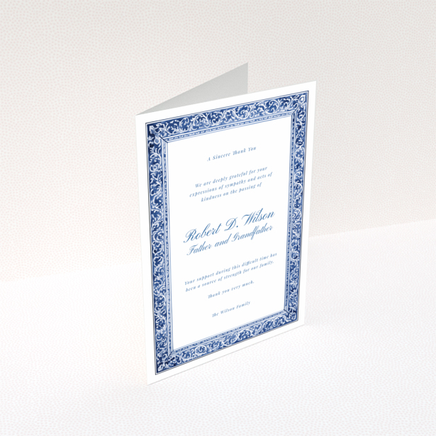 Blue and white floral border funeral thank you card with no photos