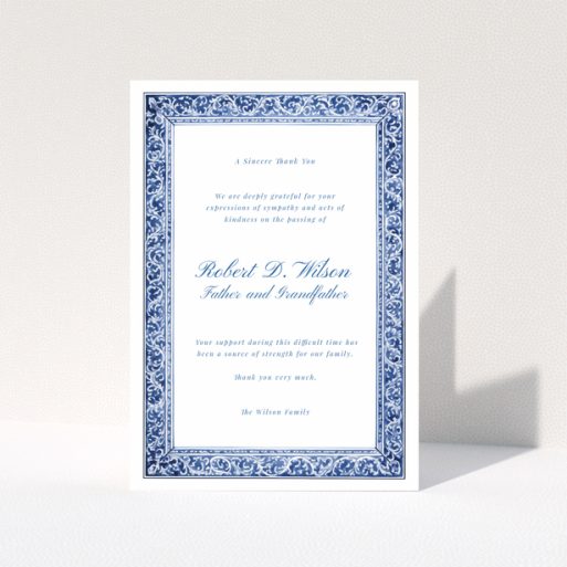 Blue and white floral border funeral thank you card with no photos