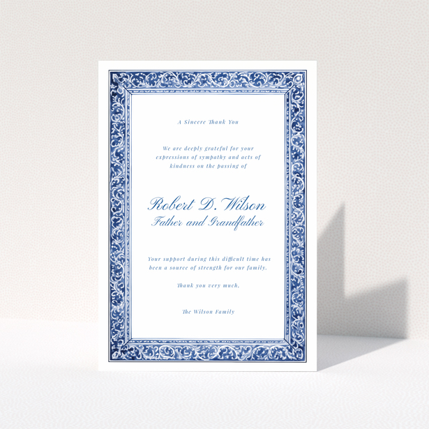 Blue and white floral border funeral thank you card with no photos