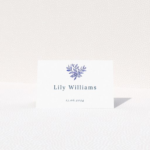 Blue Floral Elegance place cards table template - graceful blue floral motif against pristine white backdrop for timeless beauty and sophistication. This is a view of the front