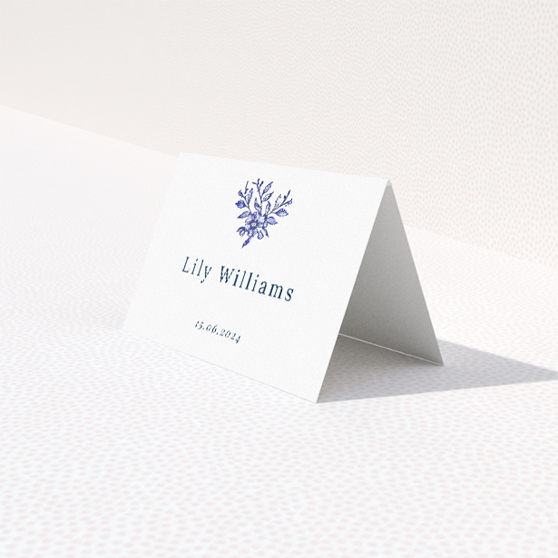 Blue Floral Elegance place cards table template - graceful blue floral motif against pristine white backdrop for timeless beauty and sophistication. This is a third view of the front