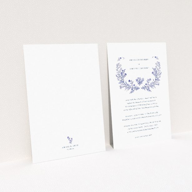 Blue Floral Elegance wedding invitation with beautifully detailed blue floral motif, combining classic charm and contemporary design for a tasteful announcement of upcoming nuptials This image shows the front and back sides together
