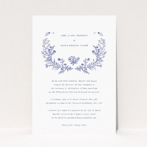 Blue Floral Elegance wedding invitation with beautifully detailed blue floral motif, combining classic charm and contemporary design for a tasteful announcement of upcoming nuptials This is a view of the front