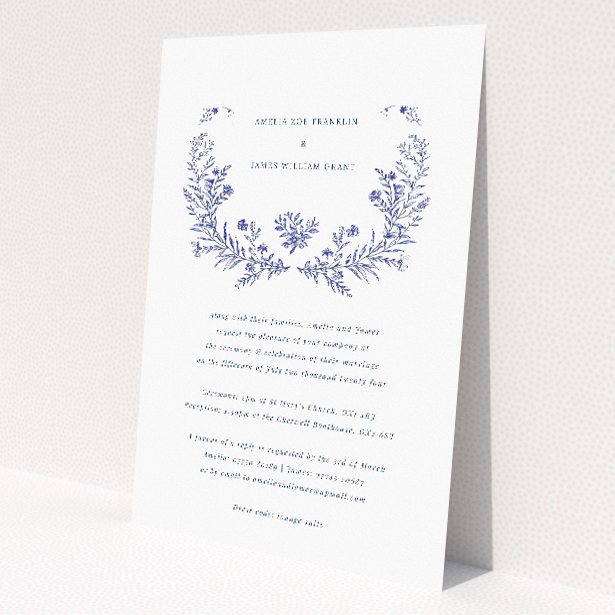 Blue Floral Elegance wedding invitation with beautifully detailed blue floral motif, combining classic charm and contemporary design for a tasteful announcement of upcoming nuptials This is a view of the front