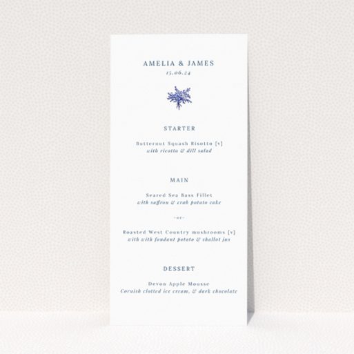"Blue Floral Elegance wedding menu - Utterly Printable - Detailed blue floral motifs against a pristine white backdrop evoke a serene yet festive mood, perfect for modern couples appreciating classic beauty.". This is a view of the front