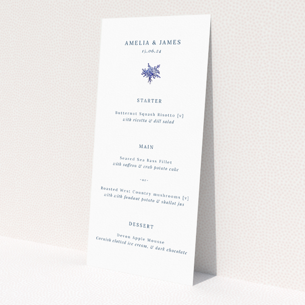 "Blue Floral Elegance wedding menu - Utterly Printable - Detailed blue floral motifs against a pristine white backdrop evoke a serene yet festive mood, perfect for modern couples appreciating classic beauty.". This is a view of the back