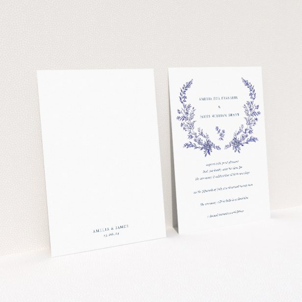 Blue Floral Elegance wedding save the date card A6 featuring a symmetrical arrangement of navy blue florals, blending classic charm with modern elegance for a sophisticated announcement of your special day This is a view of the back